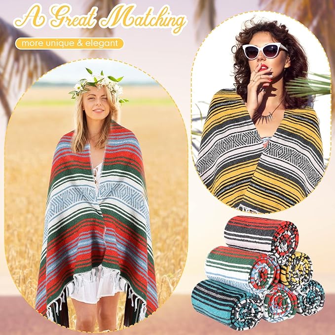 Macarrie 12 Pcs Mexican Beach Blankets Bulk Large Thick Serape Blanket Colorful Striped Yoga Throw for Outdoor Beach Park Picnic Car Couch Home