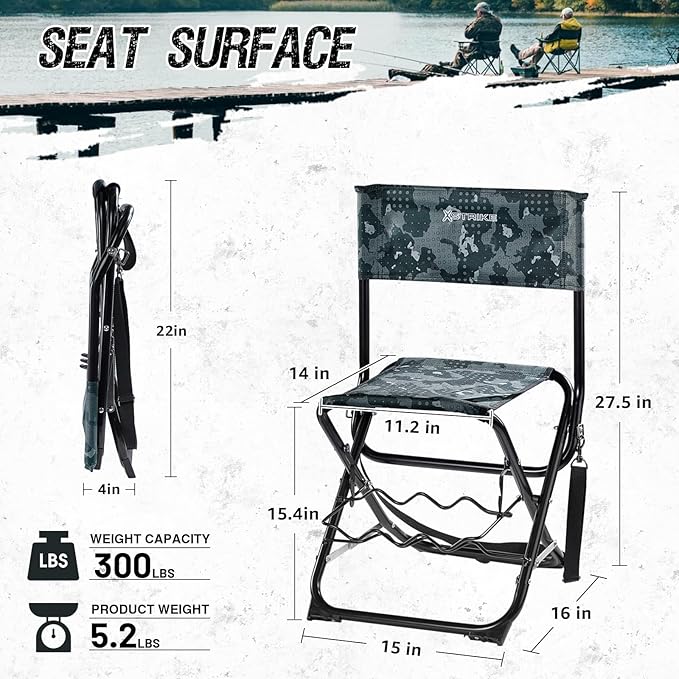 X Strike Portable Fishing Chairs Outdoor Folding Stool for Adults Portable Camping Chair for Ice FishingHuntingLawnPatioGarden300LBS.