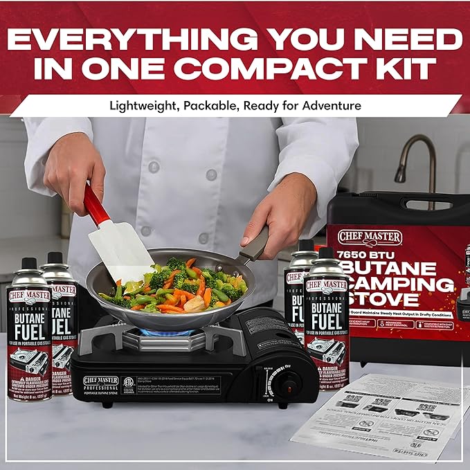 Portable Butane Camping Stove COMBO Piezo Ignition Wind-Guard 7650 BTU Portable Stove Burner w/ 4 x 8oz. Butane Fuel Canister for Emergencies Hiking &amp Outdoor Camping Essential by Chef Master 9