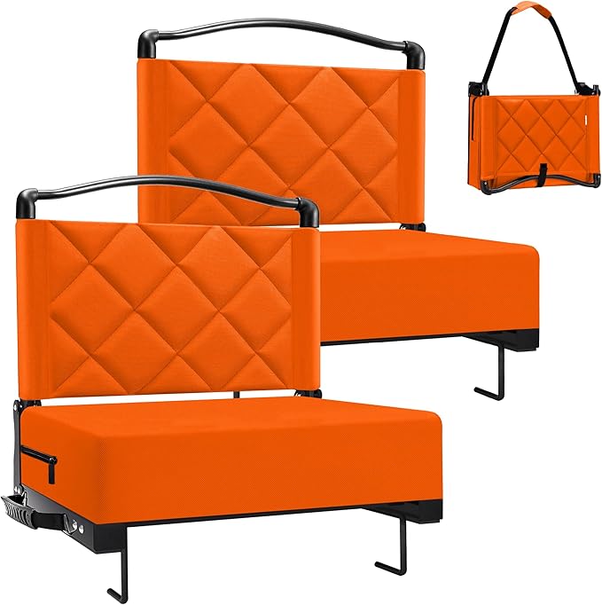 Stadium Seats with Back Support Cushion Folding Stadium Seats for Bleachers Hold up 400lbs Wide Bleacher Seat with Shoulder Strap &amp Handle Comfort for Sports Events (Orange 2pcs)