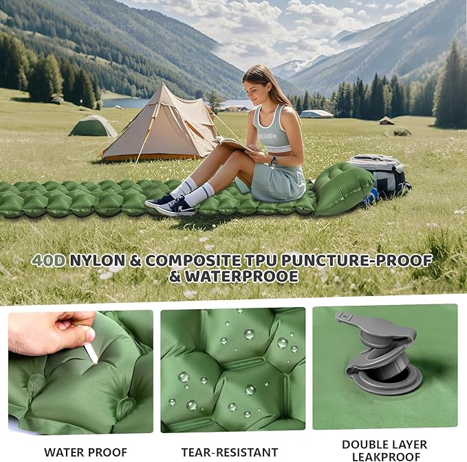 Ultralight Air Pad: 1.9lbs Camping Mattress with Pillow &amp Foot Pump - 4 Thick with One-Second Deflation for Easy Backpacking