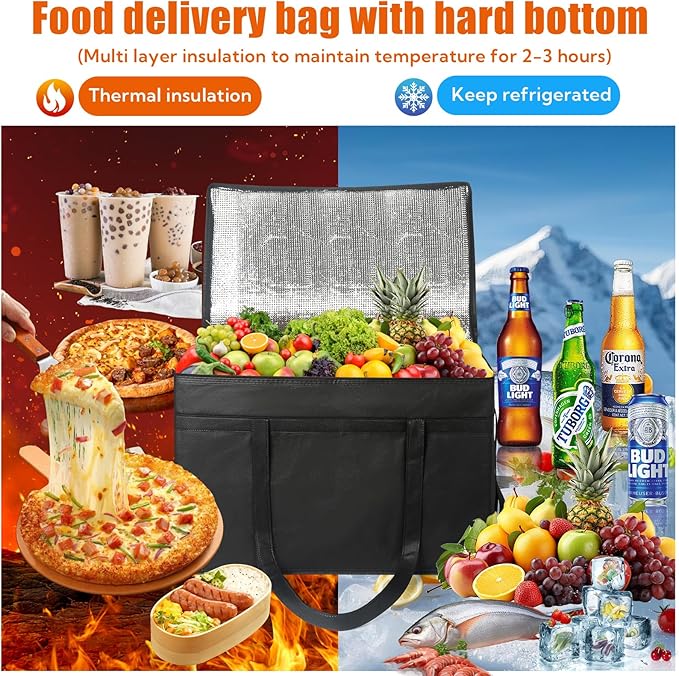 10 Pack Insulated Food Delivery Bags Bulk Insulated Bag XXXL Pizza Delivery Bags Foldable With Hard Bottom Insulated Cooler Bag for Grocery Catering Travel Hot/Cold Food Transport