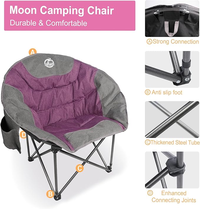 Northroad Compact Camping Moon Chair Outdoor Padded Folding Round Chair w/Cup Holder Supports up to 300 lbs for Beach Hiking Fishing Picnic LawnPurple