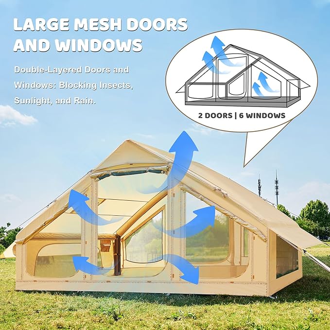 Inflatable Tents for Camping Blow Up Tent with Hand Pump Easy Setup Inflatable Hot Tent with Stove Jack Doors Mesh Windows Waterproof Oxford Air Glamping Tents for Camping 4 Person