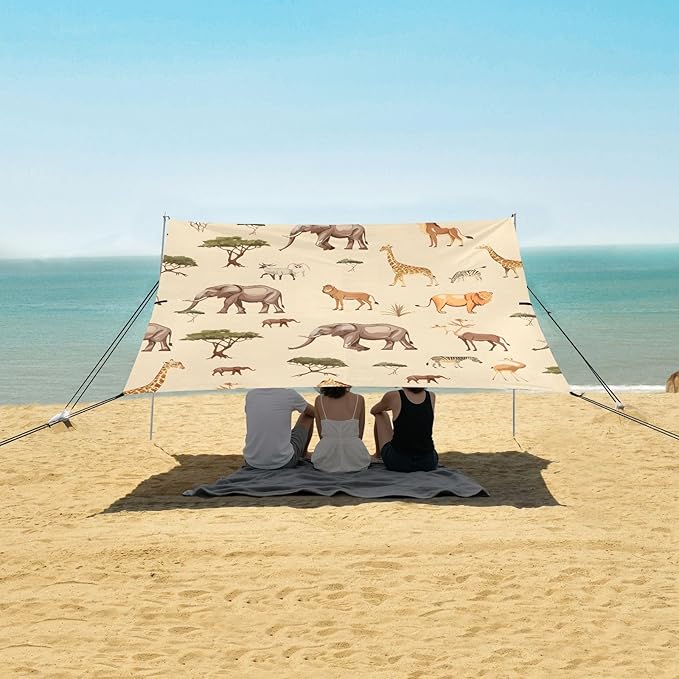 African Animals Camping Sun Shelter Beach Tent Portable Beach Sun Shade Outdoor Canopy for Camping Trips Fishing Picnic