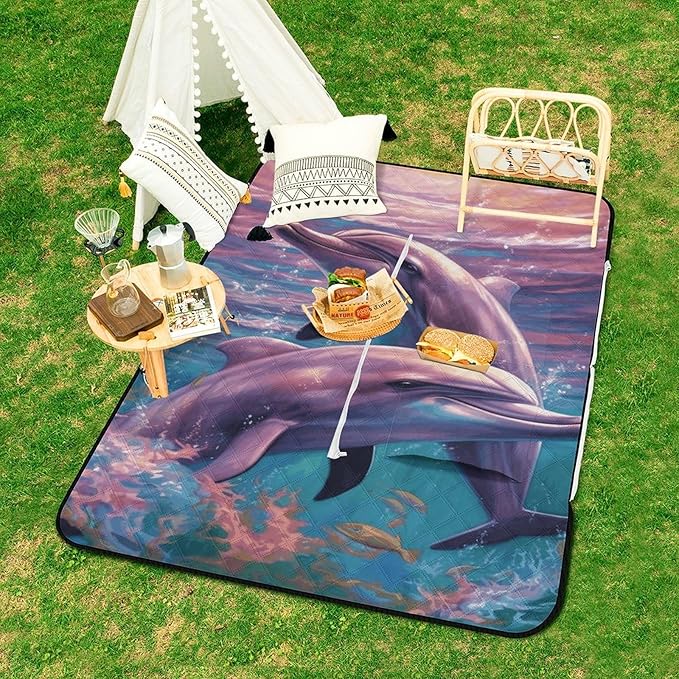 Zipper Dolphins Art Style Picnic Mat Suitable for Travel Camping Park Or Home Use