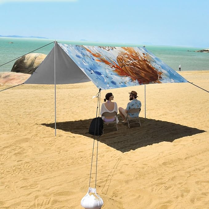 ALAZA Basketball Basket Watercolour Beach Tent Sun Shelter UPF50+ Protection Beach Shade Canopy w/ 4 Sandbags for Outdoor Camping Fishing Backyard Fun Picnic 10x9 ft