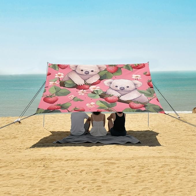 Strawberries and Koalas Beach Tent Sun Shelter 9.2' x 10.5' Beach Canopy with 4 Sandbags 4 Stability Poles Sand Shovels - Tent Canopy for Beach Camping Fishing Picnics
