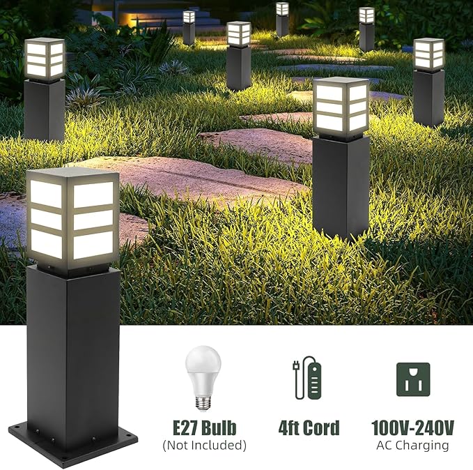2Pack Landscape Path Lights 24 IP65 Waterproof Bollard Lights Heavy Duty Steel Stable Widened Base E27 Lamp Holder Modern Outdoor Path Lights Bollard for Lawn Patio Courtyard Driveway Oblong