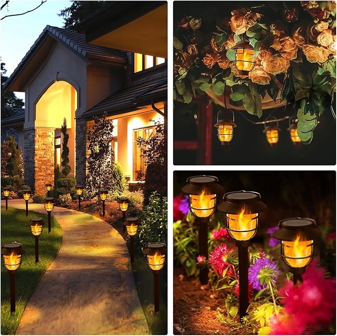 10 Pack Solar Pathway Lights Outdoor - Bright Solar Powered Garden Lights with Flickering Flame Auto On/Off Waterproof Path Lights Decorative Landscape Lighting for Yard Patio Walkway Driveway