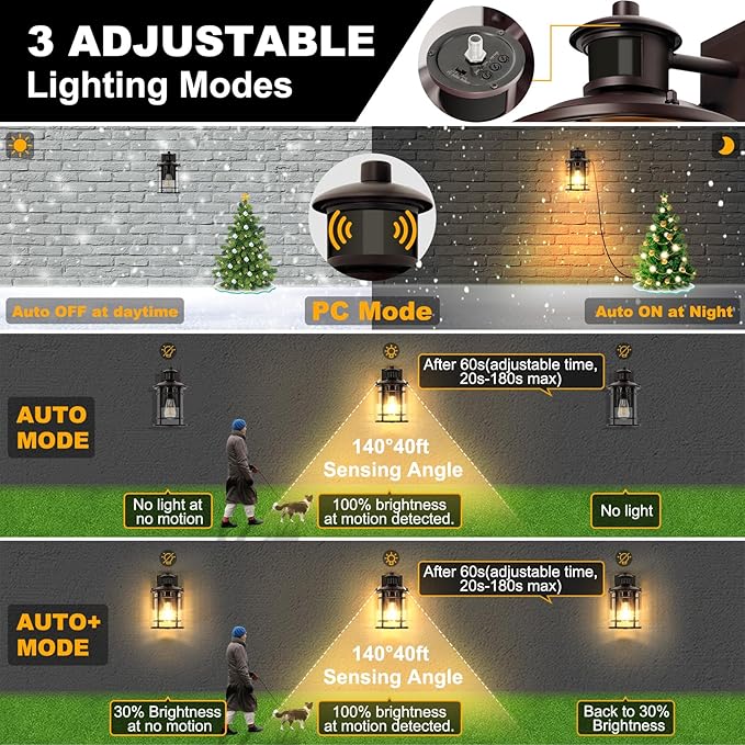 OKELI Retro Industrial Brown Outdoor Wall Lights with GFCI Outlet - Dusk to Dawn &amp Motion Sensor Porch Light 3 Modes Waterproof Anti-Rust Exterior Sconce for PorchGarage Patio House