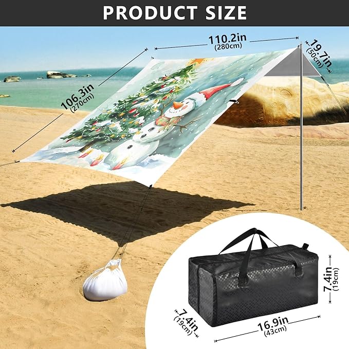 ALAZA Christmas Snowman Tree Beach Tent Sun Shelter UPF50+ Protection Beach Shade Canopy w/ 4 Sandbags for Outdoor Camping Fishing Backyard Fun Picnic 10x9 ft