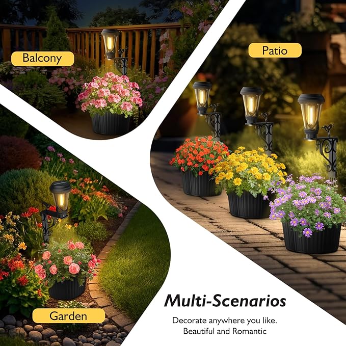 7.9 Inch Outdoor Solar Lights with Pot Dual-Sided 3000K Warm White Lighting 2 in1 (Wall/Stand) Flower Pots Auto on/Off Outdoor Floor Lamp IP65 Waterproof for Yard Patio Porch Pathway Decor