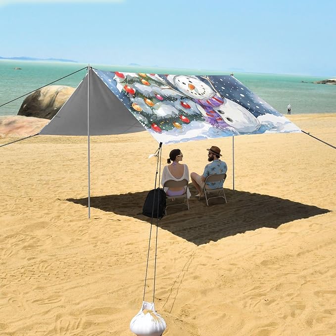 ALAZA Snowman Christmas Tree Beach Tent Sun Shelter UPF50+ Protection Beach Shade Canopy w/ 4 Sandbags for Outdoor Camping Fishing Backyard Fun Picnic 10x9 ft