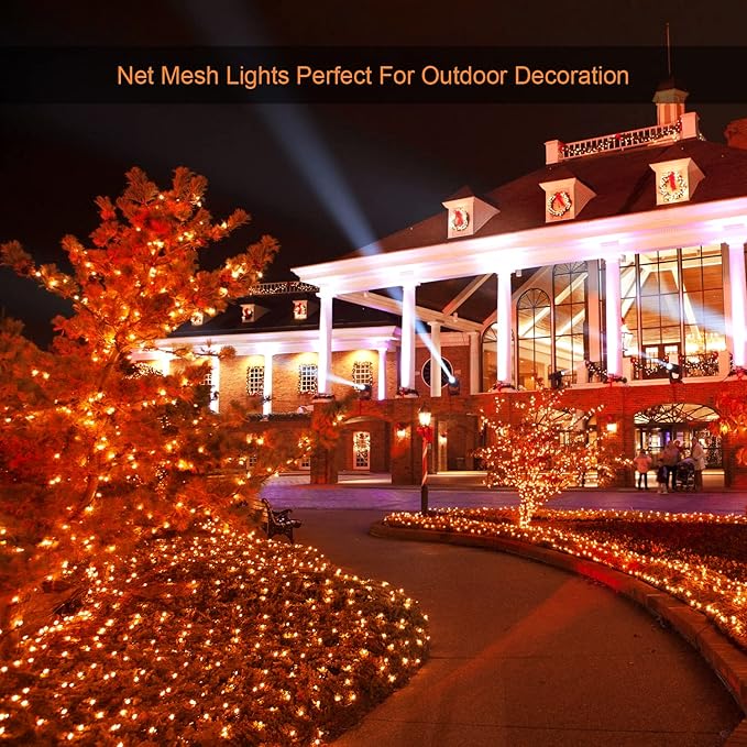 JMEXSUSS 360 LED Orange Net Lights Bush Lights with 8 Modes Outdoor Waterproof for Christmas Party Patio Garden Decorations