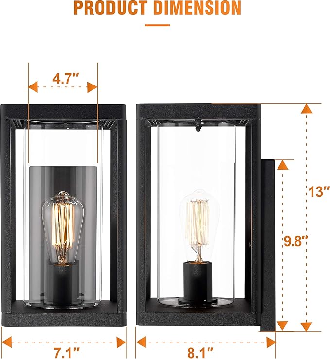 Beionxii Dusk to Dawn Outdoor Wall Lights Modern Exterior Wall Sconces Porch Lantern Black Cast Aluminum w/Clear Cylinder Glass - A291W-2PK