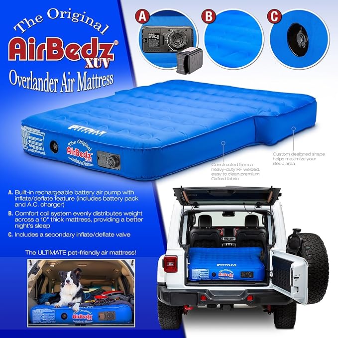 Pittman - Airbedz - Jeep Mattress/SUV Air Mattress with Built in Pump - Fits 4Runner Jeep Wrangler &amp Larger SUV's with Low Odor Fabric Shell Design - 66x52x10