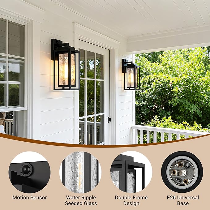 WIHTU Motion Sensor Exterior Porch Light Fixtures Water Ripple Outdoor Wall Lantern 2 Pack Sensor Wall Sconce Lights Waterproof Outside Lantern Lamp Porch Lamp for Garage Doorway(Bulb Included)