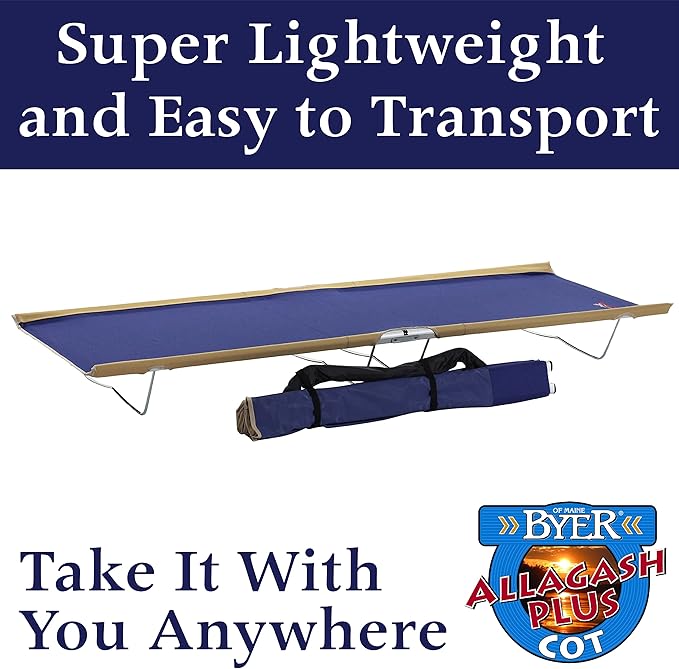 BYER OF MAINE Allagash Plus Cot 76 L X 30 W X 8 H Lightweight Cot Extra Wide Camping Cots Adult Holds up to 250lbs Single Portable Camping Cot