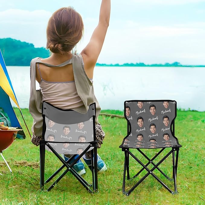 Sinestour Dark Gray Custom Photo Folding Camping Chair for Teen Child Personalized Name 14.6×14.6in Portable Outdoor Chair with Carry Bag for Picnic Barbeques Beach