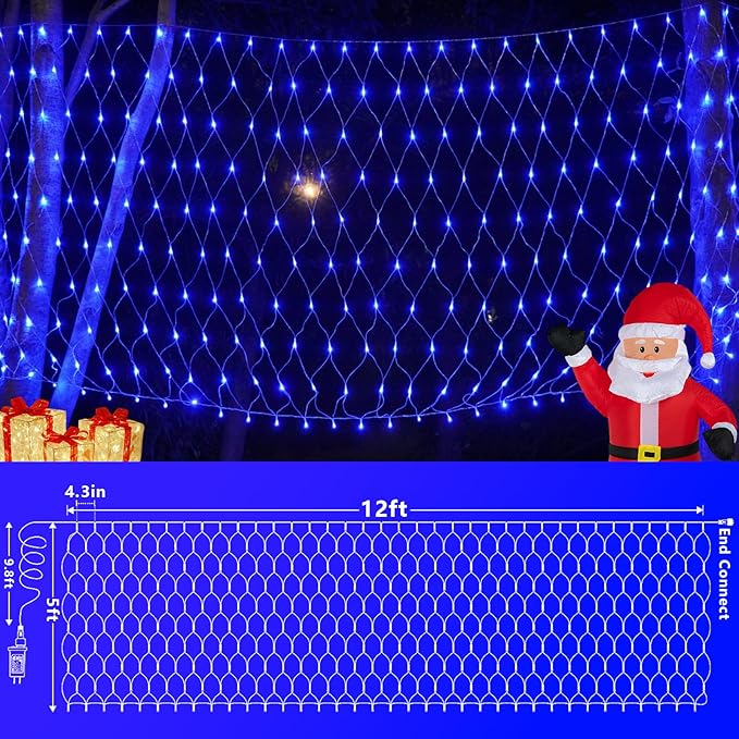 QITONG Net Lights Outdoor Mesh Lights 12ft x 5ft 360 LED Blue Christmas Light with 8 Modes Connectable Clear Wire Bush Light Plug in