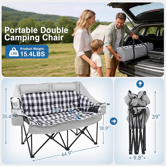 Suteck Double Camping Chair Oversized Padded Camping Couch w/Independent Seats 1200D Oxford Folding Camping Loveseat w/2 Cup &amp Wine Glass Holders Cooler Bags &amp Side Pocket for Camping Lawn