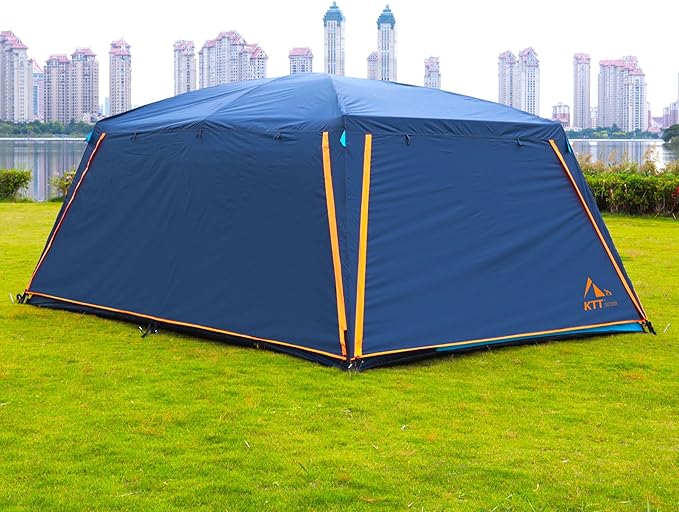 KTT Extra Large Tent 12 PersonFamily Cabin TentsAwning2 Rooms4 Doors and 4 Windows with MeshStraight WallWaterproofDouble LayerBig Tent for OutdoorPicnicCampingFamily Gathering