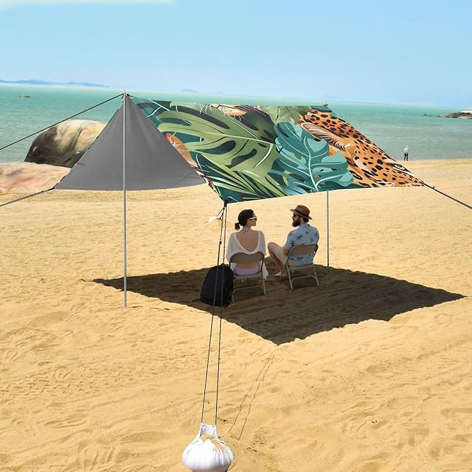 Leopard and Tropical Leaves Camping Sun Shelter Beach Tent Portable Beach Sun Shade Outdoor Canopy for Camping Trips Fishing Picnic