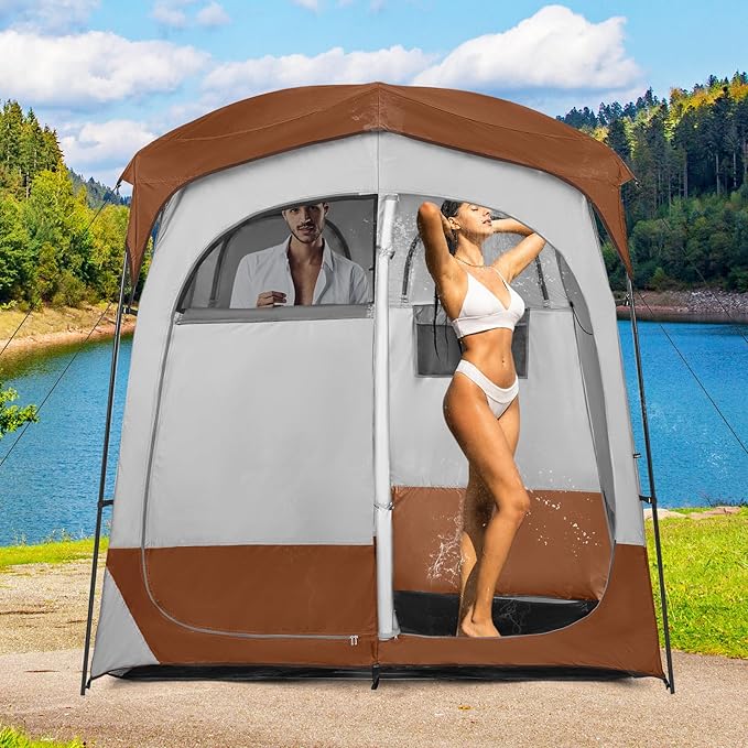 LDAILY Camping Shower Tent 2 Room Instant Privacy Tent with Floor Removable Rain Cover Mesh Window Inside Pocket and Clothesline Portable Changing Room for Outdoor Toilet Dressing