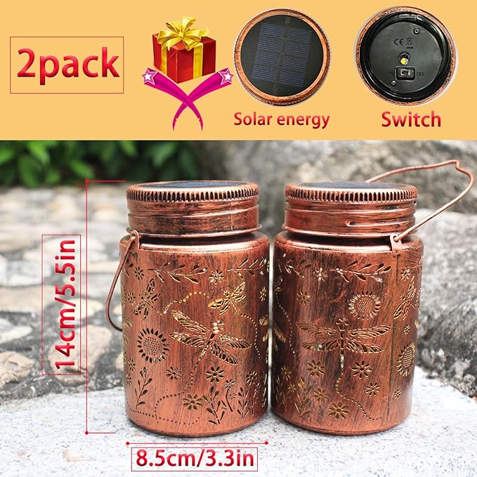 Dragonfly Outdoor Solar Lantern 2pack Waterproof - Christmas Gifts for Outside Lights Garden Decor for Balcony Yard and Deck Gardening Decorations Gifts for Women Mom (Dragonfly 2pack)
