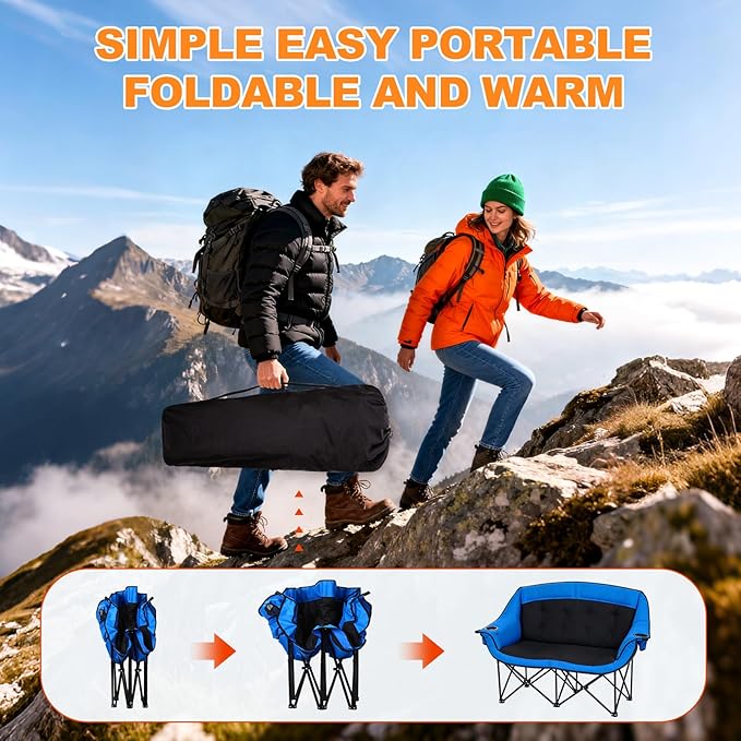 CypherX Heated Double Camping Chair with 3 Heat Levels- Heated Loveseat Chair for 2 Person Heavy Duty Oversized Padded Folding Camping Couch for Adults Outdoor Sports Lawn Portable Chairs (No battery)