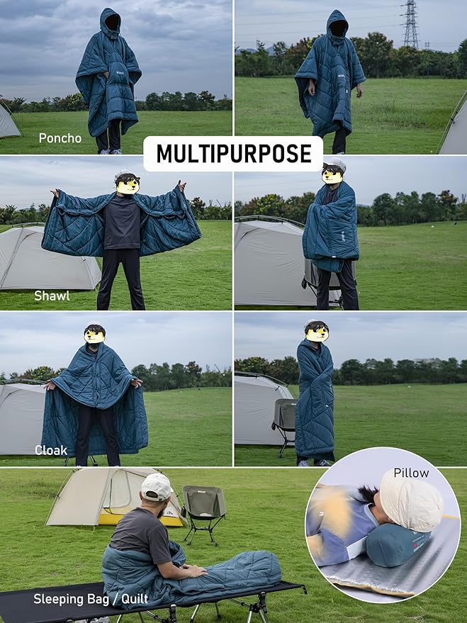 WildCall Hooded Camping Blanket with 3M Thinsulate Insulation Wearable Poncho Blanket Ultralight Foldable Quilt Sleeping Bag for Outdoor Hiking Stadium