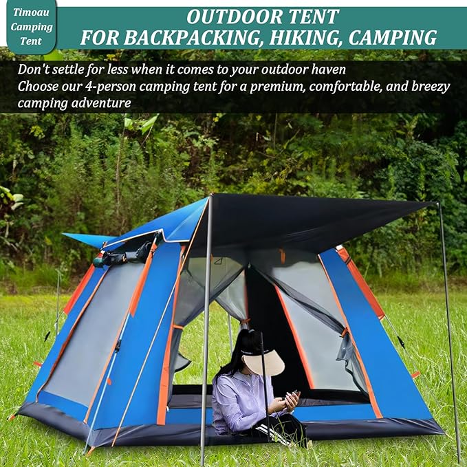 4 Person Camping Tent Waterproof Windproof Tent with Rain Fly and Carrying Bag Easy Set Up Automatic Family Travel Tent Lightweight Outdoor Tent for Backpacking Hiking