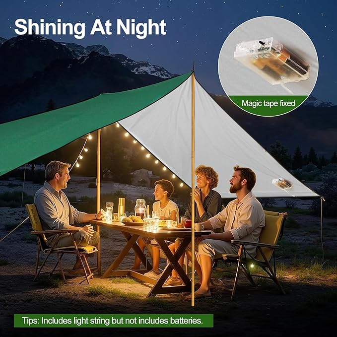 Rhino Valley Waterproof Tent Tarp 9.8 × 9.8 Ft Large Outdoor Shelter Cover with Light Strings Lightweight Portable Tarp Shelter Rain Tarp Camping Canopy for Hiking Traveling Backpacking