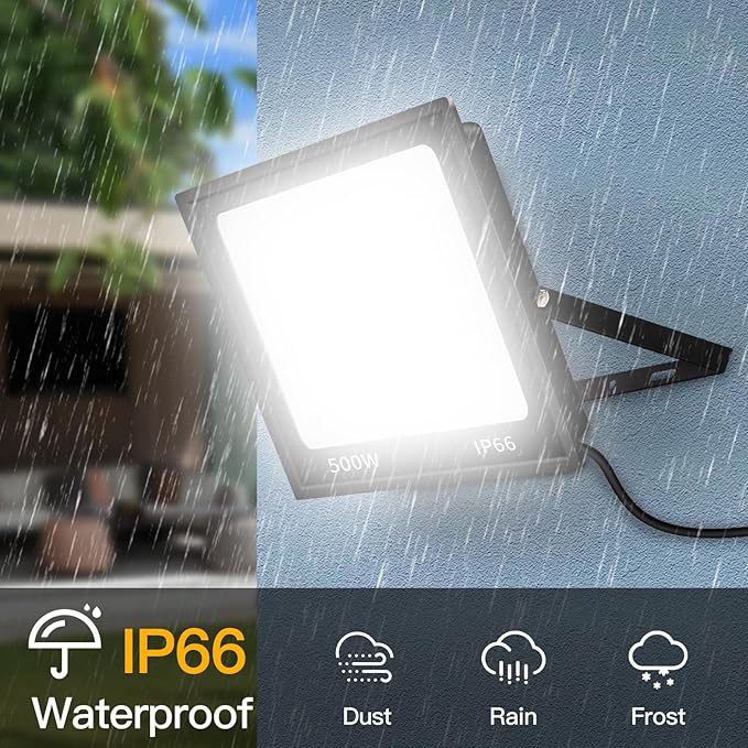 2 Pack 500W LED Flood Light 60000LM Brighter Lights with US Plug + 10ft Cord IP66 Waterproof Outdoor Lights 5000K White Floodlight for Sports Court Garden Stadium Playground Arena