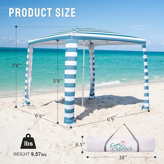 CROWN SHADES Beach Cabana 6.5 x 6.5 Umbrella Canopy Tent Easy Pop Up - Beach Cabanas for Sand - UPF50+ Protection with Sidewall and More Pockets Cyan Blue