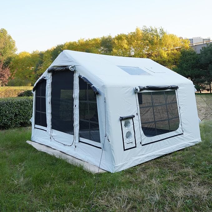 8㎡ Luxury Inflatable Camping Tent for 3-8 People UV-Resistant 4-Season Family Tent with Chimney Port &amp Skylight Oxford Fabric or Tech Cotton – White Tank Gray Aurora Green