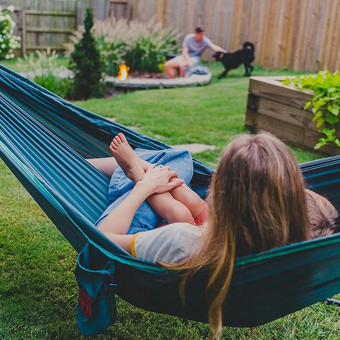 Grand Trunk TrunkTech Single Hammock | Lightweight Ripstop Nylon Camping &amp Travel Hammock 11 ft 500 lb Capacity Includes Carabiners | Green with Aqua Trim