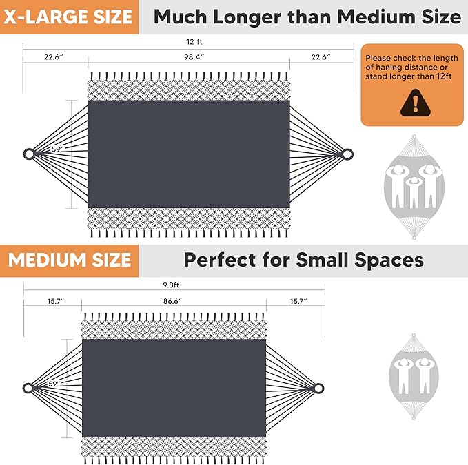 SUNCREAT Extra Large Double Hanging Hammock for Camping Hammocks for Outside 2 Person Heavy Duty Dark Gray with Tassels