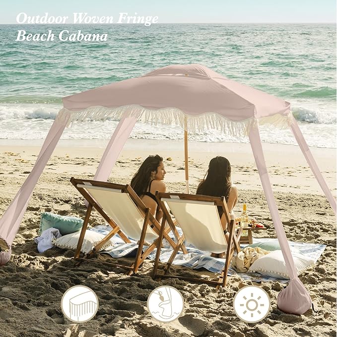 AMMSUN Beach Cabana with Fringe 6.5' x 6.5' Boho Beach Canopy with Tassels Easy Set up &amp Premium Wood Pole Cabana Tent with Sand Pockets Instant Sun Shade for Sand Garden Patio Pink Coral