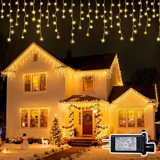 Christmas Outdoor Icicle Lights - 480 LED 66+33 FT 8 Modes Curtain Fairy String Light Plug in Waterproof for Eaves Yard Holiday Xmas Holiday Indoor Outdoor Decoration - Warm White