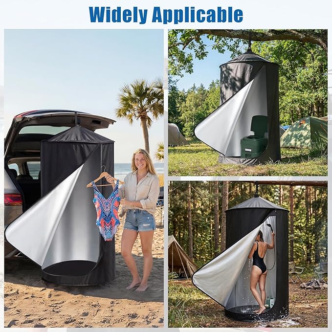 Pop Up Privacy Tent for Car 69in Portable Camping Shower Tent with Liftgate Suction Pod and Hanging Straps 210D Silver Coating Outdoor Instant Bathroom Toilet Tents with Carry Bag
