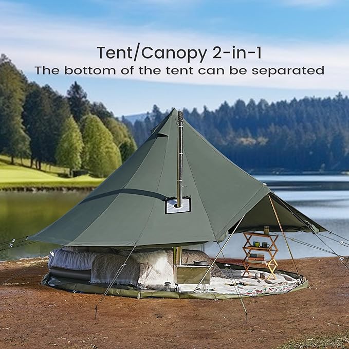 Canvas Bell Tent Yurt with Stove Jack Waterproof and Breathable Glamping Wall Tent Detachable Groundsheet for Camping Party