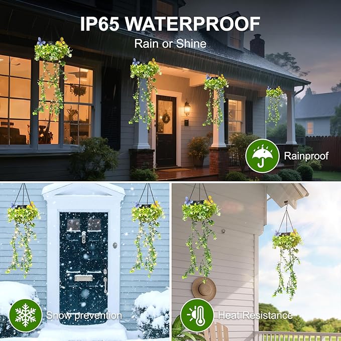 Solar Hanging Garden Lights for Spring Summer 2 Pack 66 LEDs Realistic Flower Vine Fairy String Lights IP65 Waterproof Outdoor Decor for Garden Patio Fence 8-12 Hrs Auto Lighting Mother‘s Gift