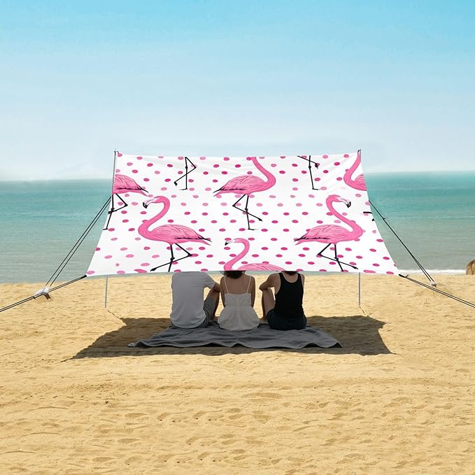 Flamingo Pink Beach Tent Sun Shelter 9.2' x 10.5' Beach Canopy with 4 Sandbags 4 Stability Poles Sand Shovels - Tent Canopy for Beach Camping Fishing Picnics