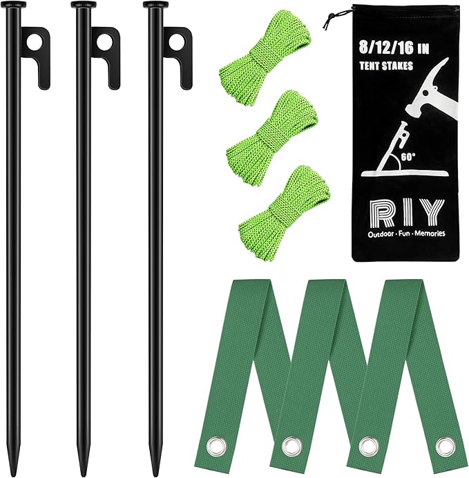 RIY Tent Stakes Heavy Duty 8Pcs 12 Inch Steel Tent Stakes with 3Pcs 12 Inch Tree Stakes Plant Support Stakes