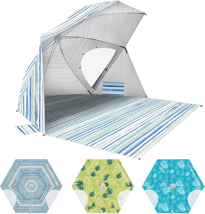 OutdoorMaster Pop Up Beach Umbrella Portable Beach Tent Shelter Beach Shade Sun Canopy with UPF 50+ UV Protection Extendable Floor with Carrying Bag