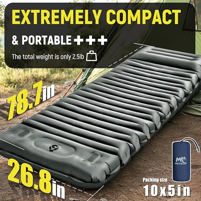 Inflatable Camping Sleeping Pad with Pillow 5 Extra-Thick Ultralight Inflatable Sleeping Mat with Built-in Pump Camping Air Mattress Compact for Backpacking Hiking Trap Traveling (Grey)