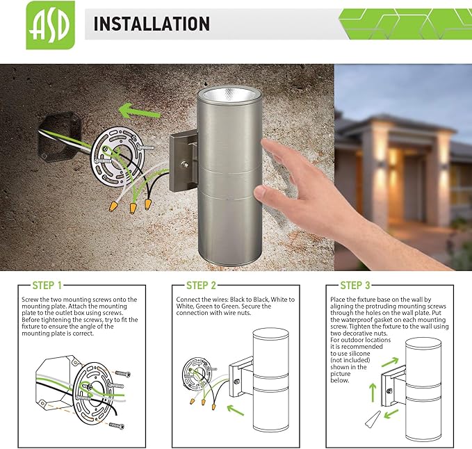 ASD LED Up Down Lights Outdoor Cylinder Wall Light 18W (120W Equiv) 1500Lm 5000K Daylight 120V Patio Wall Light Fixture Wet Rated Stainless Steel Wall Sconce ETL &amp Energy Star 2-Pack