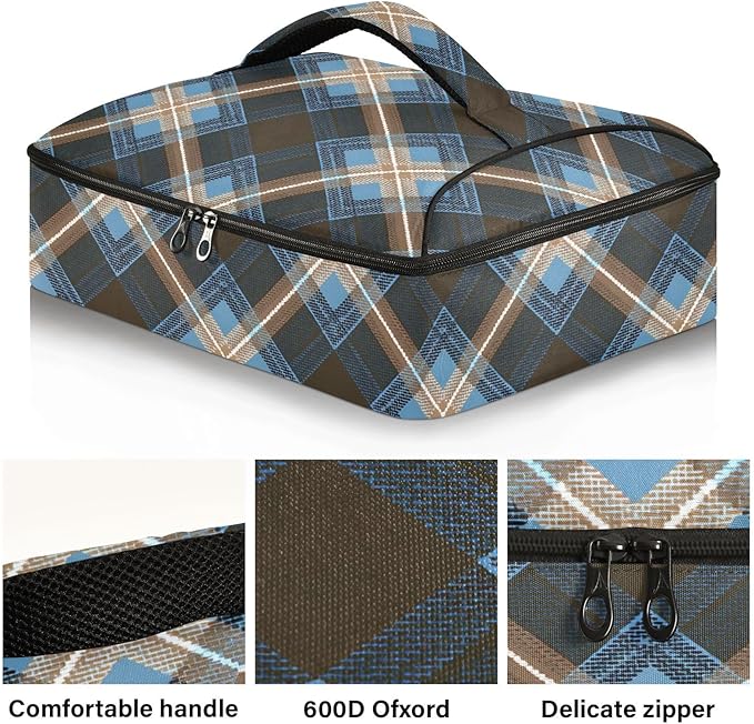 Casserole Carrier Blue Brown Tartan Plaid Insulated Casserole Carrier for Hot or Cold Food Thermal Lunch Tote for Parties Picnic Travel Carry Bag